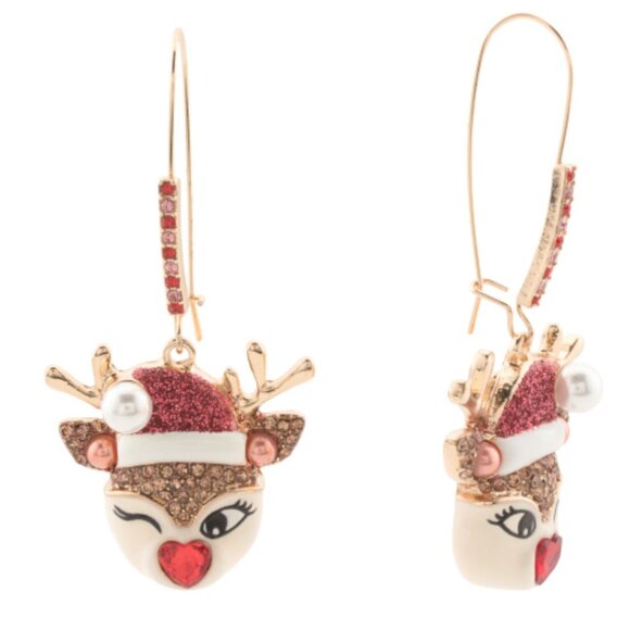 NWT BETSEY JOHNSON WINKING REINDEER EARRINGS HOLIDAY CHRISTMAS - Picture 5 of 5